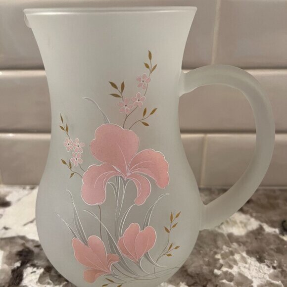 Vintage 1980s Pink Iris Italian Satin Frosted Glass Pitcher, 2 Wine 3 Tumblers - Picture 2 of 15